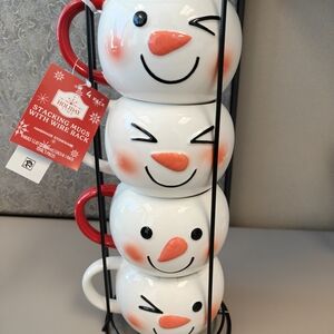 Holiday Time White Snowman Stacking Mugs with Red Handles - 4 Pack